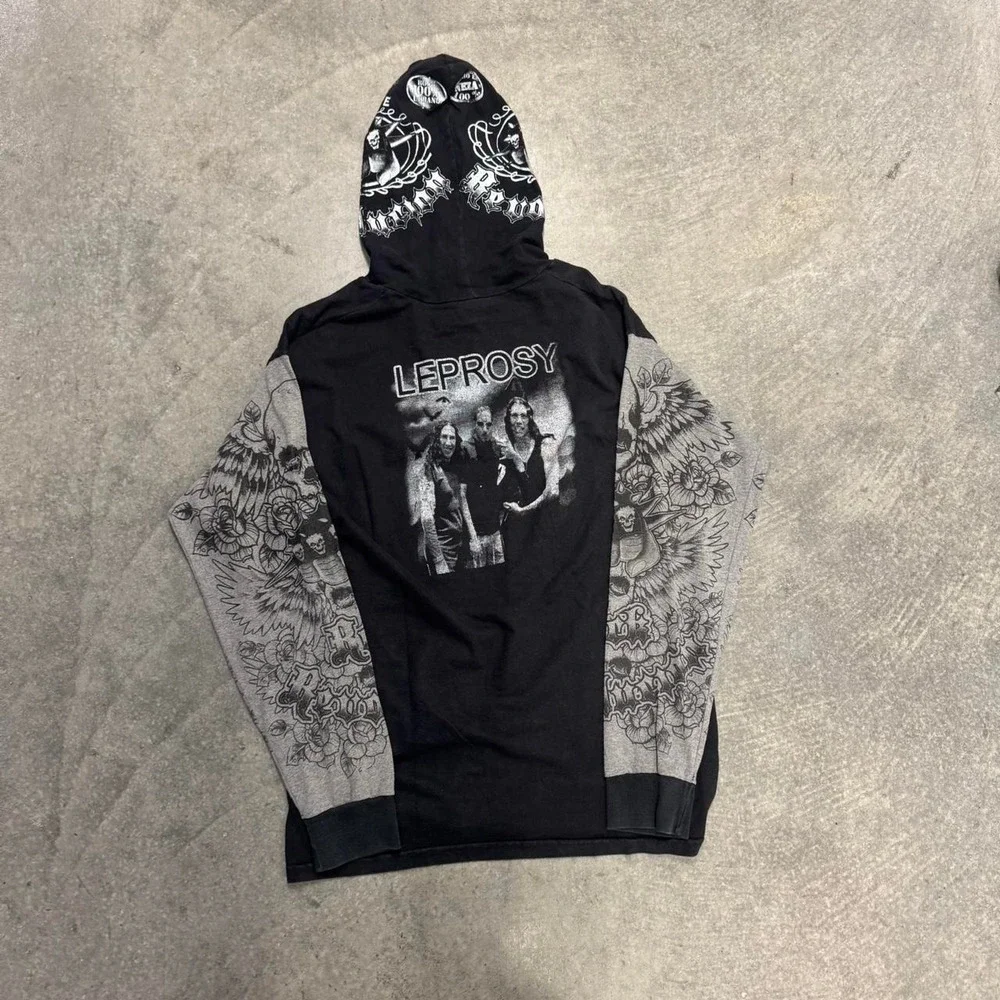 Leprosy Death Metal Band Hoodie Mens Large Tattoo Sleeve Graphic Y2K Black